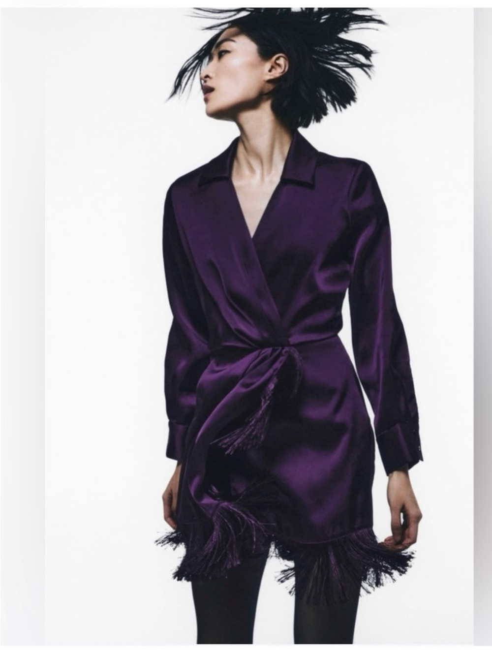 Zara Deep Purple Satin Wrap Dress with Fringe
